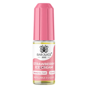 Bar Juice 5000 e-liquid in a pink dispenser bottle with a white label, indicating strawberry flavor and product details.